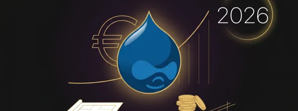 Visuel illustrant le coût d'un site Drupal en 2026 : goutte Drupal bleue avec courbe budgétaire et symbole euro (SERVAL)
