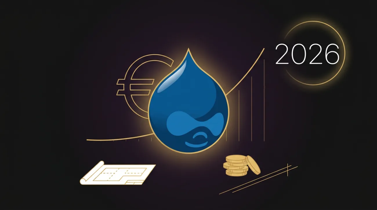 Visuel illustrant le coût d'un site Drupal en 2026 : goutte Drupal bleue avec courbe budgétaire et symbole euro (SERVAL)